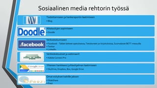 Sosiaalinen media rehtorin työssä
Tiedottamiseen ja hankeraportin laatimiseen
• Blog
Aikataulujen sopimiseen
• Doodle
Verkostoitumiseen
• Facebook - Tablet-laitteet opetuksessa,Tietokoneet yo-kirjoituksissa, Suomalaiset BETT-messuilla
• Twitter
• LinkedIn
Verkkokokoukset ja webinaarit
• AdobeConnect Pro
Yhteisen hankkeen/ juhlaohjelman laatimiseen
• SkyDrive, Dropbox, Box, Google Drive
Omat esitykset kaikille jakoon
• ݺߣShare
• Prezi
 