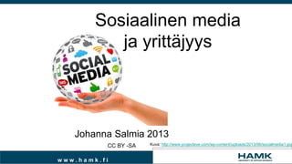 Sosiaalinen media
ja yrittäjyys

Johanna Salmia 2013
CC BY -SA
www.hamk.fi

Kuva: http://www.projecteve.com/wp-content/uploads/2013/06/socialmedia1.jpg

 