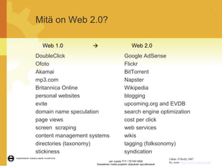 3




Mitä on Web 2.0?

  Web 1.0                                         Web 2.0
DoubleClick                            ...