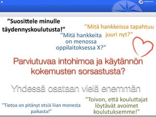 ”Suosi4ele minulle
täydennyskoulutusta!”         ”Mitä hankkeissa tapahtuu
                     ”Mitä hankkeita  juuri nyt?”
                      on menossa  
                   oppilaitoksessa X?”

    Parviutuvaa intohimoa ja käytännön
         kokemusten sorsastusta?

    Yhdessä osataan vielä enemmän
                                        ”Toivon, e5ä koulu5ajat 
”Tietoa on pitänyt etsiä liian monesta      löytävät avoimet 
              paikasta!”                   koulutuksemme!”
 