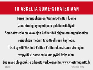 ©Viestintä-Piritta@Piritta
10 askelta some-strategiaan
Tässä materiaalissa on Viestintä-Pirittan luoma  
some-strategiaymp...