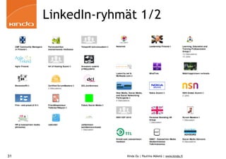 LinkedIn-ryhmät 1/2

31

Kinda Oy | Pauliina Mäkelä | www.kinda.fi

 