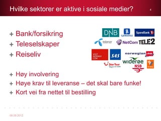 Hvilke sektorer er aktive i sosiale medier?          4




    Bank/forsikring
    Teleselskaper
    Reiseliv

    Høy involvering
    Høye krav til leveranse – det skal bare funke!
    Kort vei fra nettet til bestilling


08.09.2012
 