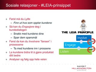 Sosiale relasjoner - #LEIA-prinsippet


  Først må du Lytte
   – Finn ut hva som opptar kundene
  Så kan du Engasjere deg i
  kundedialogen
   – Snakk med kundene dine
   – Spør dem spørsmål
  Først da kan du Involvere “fansen” i
  prosessene
   – Ta med kundene inn i prossene
  La kundene bidra til å gjøre produktet
  ditt bedre
  Analyser og følg opp hele veien
 