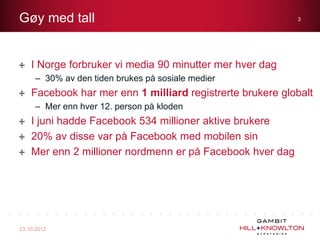 Gøy med tall                                               3




    I Norge forbruker vi media 90 minutter mer hver dag
     – 30% av den tiden brukes på sosiale medier
    Facebook har mer enn 1 milliard registrerte brukere globalt
     – Mer enn hver 12. person på kloden
    I juni hadde Facebook 534 millioner aktive brukere
    20% av disse var på Facebook med mobilen sin
    Mer enn 2 millioner nordmenn er på Facebook hver dag




23.10.2012
 