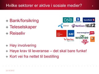 Hvilke sektorer er aktive i sosiale medier?          4




    Bank/forsikring
    Teleselskaper
    Reiseliv

    Høy inv...