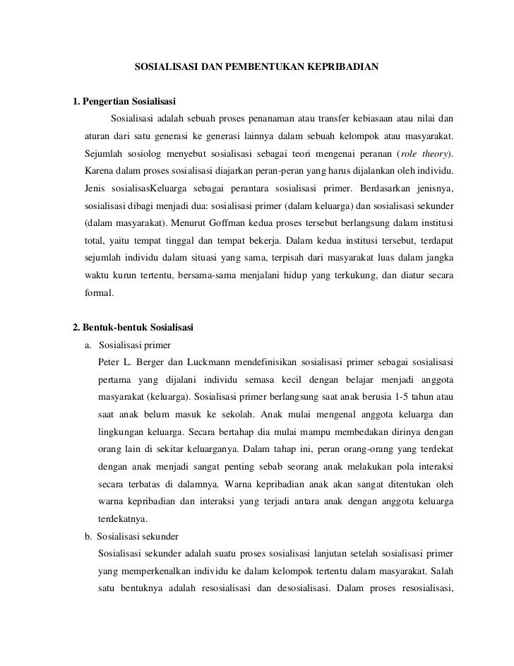 Sosialisasi Dan Pembentukan Kepribadian