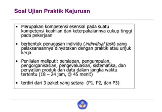 Soal Ujian Praktik Kejuruan
• Merupakan kompetensi esensial pada suatu
kompetensi keahlian dan keterpakaiannya cukup tinggi
pada pekerjaan
• berbentuk penugasan individu (individual task) yang
pelaksanaannya dinyatakan dengan praktik atau unjuk
kerja
• Penilaian meliputi: persiapan, pengumpulan,
pengorganisasian, pengevaluasian, sistematika, dan
penyajian produk dan data dalam jangka waktu
tertentu (18 – 24 jam, @ 45 menit)
• terdiri dari 3 paket yang setara (P1, P2, dan P3)
 