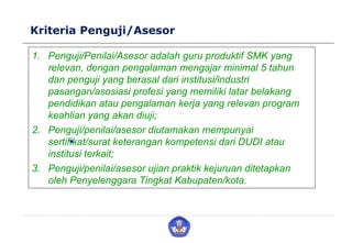 1. Penguji/Penilai/Asesor adalah guru produktif SMK yang
relevan, dengan pengalaman mengajar minimal 5 tahun
dan penguji yang berasal dari institusi/industri
pasangan/asosiasi profesi yang memiliki latar belakang
pendidikan atau pengalaman kerja yang relevan program
keahlian yang akan diuji;
2. Penguji/penilai/asesor diutamakan mempunyai
sertifikat/surat keterangan kompetensi dari DUDI atau
institusi terkait;
3. Penguji/penilai/asesor ujian praktik kejuruan ditetapkan
oleh Penyelenggara Tingkat Kabupaten/kota.
Kriteria Penguji/Asesor
 