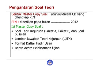 Pengantaran Soal Teori
Bentuk Master Copy Soal : soft file dalam CD yang
dilengkap PIN
PIN : diberikan pada bulan ................... 2012
Isi Master Copy Soal :
• Soal Teori Kejuruan (Paket A, Paket B, dan Soal
Susulan
• Lembar Jawaban Teori Kejuruan (LJTK)
• Format Daftar Hadir Ujian
• Berita Acara Pelaksanaan Ujian
 