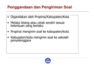 Penggandaan dan Pengiriman Soal
• Digandakan oleh Propinsi/Kabupaten/Kota
• Melalui lelang atau cetak sendiri sesuai
ketentuan yang berlaku
• Propinsi mengirim soal ke kabupaten/kota
• Kabupaten/kota mengirim soal ke sekolah
penyelenggara
 