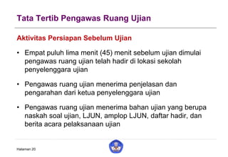 Tata Tertib Pengawas Ruang Ujian
Aktivitas Persiapan Sebelum Ujian
• Empat puluh lima menit (45) menit sebelum ujian dimulai
pengawas ruang ujian telah hadir di lokasi sekolah
penyelenggara ujian
• Pengawas ruang ujian menerima penjelasan dan
pengarahan dari ketua penyelenggara ujian
• Pengawas ruang ujian menerima bahan ujian yang berupa
naskah soal ujian, LJUN, amplop LJUN, daftar hadir, dan
berita acara pelaksanaan ujian
Halaman 20
 