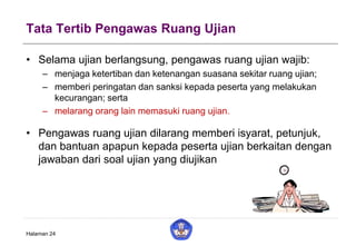Tata Tertib Pengawas Ruang Ujian
• Selama ujian berlangsung, pengawas ruang ujian wajib:
– menjaga ketertiban dan ketenangan suasana sekitar ruang ujian;
– memberi peringatan dan sanksi kepada peserta yang melakukan
kecurangan; serta
– melarang orang lain memasuki ruang ujian.
• Pengawas ruang ujian dilarang memberi isyarat, petunjuk,
dan bantuan apapun kepada peserta ujian berkaitan dengan
jawaban dari soal ujian yang diujikan
Halaman 24
 