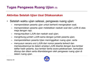Tugas Pengawas Ruang Ujian (1)
Aktivitas Setelah Ujian Usai Dilaksanakan
• Setelah waktu ujian selesai, pengawas ruang ujian:
– mempersilakan peserta ujian untuk berhenti mengerjakan soal;
– mempersilakan peserta ujian meletakkan naskah soal dan LJUN di atas
meja dengan rapi;
– mengumpulkan LJUN dan naskah soal ujian;
– menghitung jumlah LJUN sama dengan jumlah peserta ujian;
– mempersilahkan peserta Ujian meninggalkan ruang ujian; serta
– menyusun secara urut LJUN dari nomor peserta terkecil dan
memasukkannya ke dalam amplop LJUN disertai dengan dua lembar
daftar hadir peserta, dua lembar berita acara pelaksanaan, kemudian
ditutup dan dilem serta ditandatangani oleh pengawas ruang ujian di
dalam ruang ujian.
Halaman 25
 