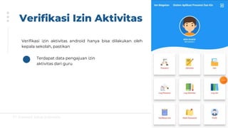 PT Greatsoft Solusi Indonesia
Verifikasi Izin Aktivitas
Verifikasi izin aktivitas android hanya bisa dilakukan oleh
kepala sekolah, pastikan
Terdapat data pengajuan izin
aktivitas dari guru
 