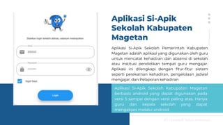 Aplikasi Si-Apik
Sekolah Kabupaten
Magetan
PT Greatsoft Solusi Indonesia
Aplikasi Si-Apik Sekolah Pemerintah Kabupaten
Magetan adalah aplikasi yang digunakan oleh guru
untuk mencatat kehadiran dan absensi di sekolah
atau institusi pendidikan tempat guru mengajar.
Aplikasi ini dilengkapi dengan fitur-fitur sistem
seperti perekaman kehadiran, pengelolaan jadwal
mengajar, dan Pelaporan kehadiran
Aplikasi Si-Apik Sekolah Kabupaten Magetan
berbasis android yang dapat digunakan pada
versi 5 sampai dengan versi paling atas. Hanya
guru dan kepala sekolah yang dapat
mengakses melalui android.
 