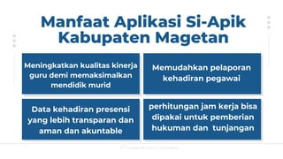 Manfaat Aplikasi Si-Apik
Kabupaten Magetan
PT Greatsoft Solusi Indonesia
Meningkatkan kualitas kinerja
guru demi memaksimalkan
mendidik murid
Memudahkan pelaporan
kehadiran pegawai
Data kehadiran presensi
yang lebih transparan dan
aman dan akuntable
perhitungan jam kerja bisa
dipakai untuk pemberian
hukuman dan tunjangan
 