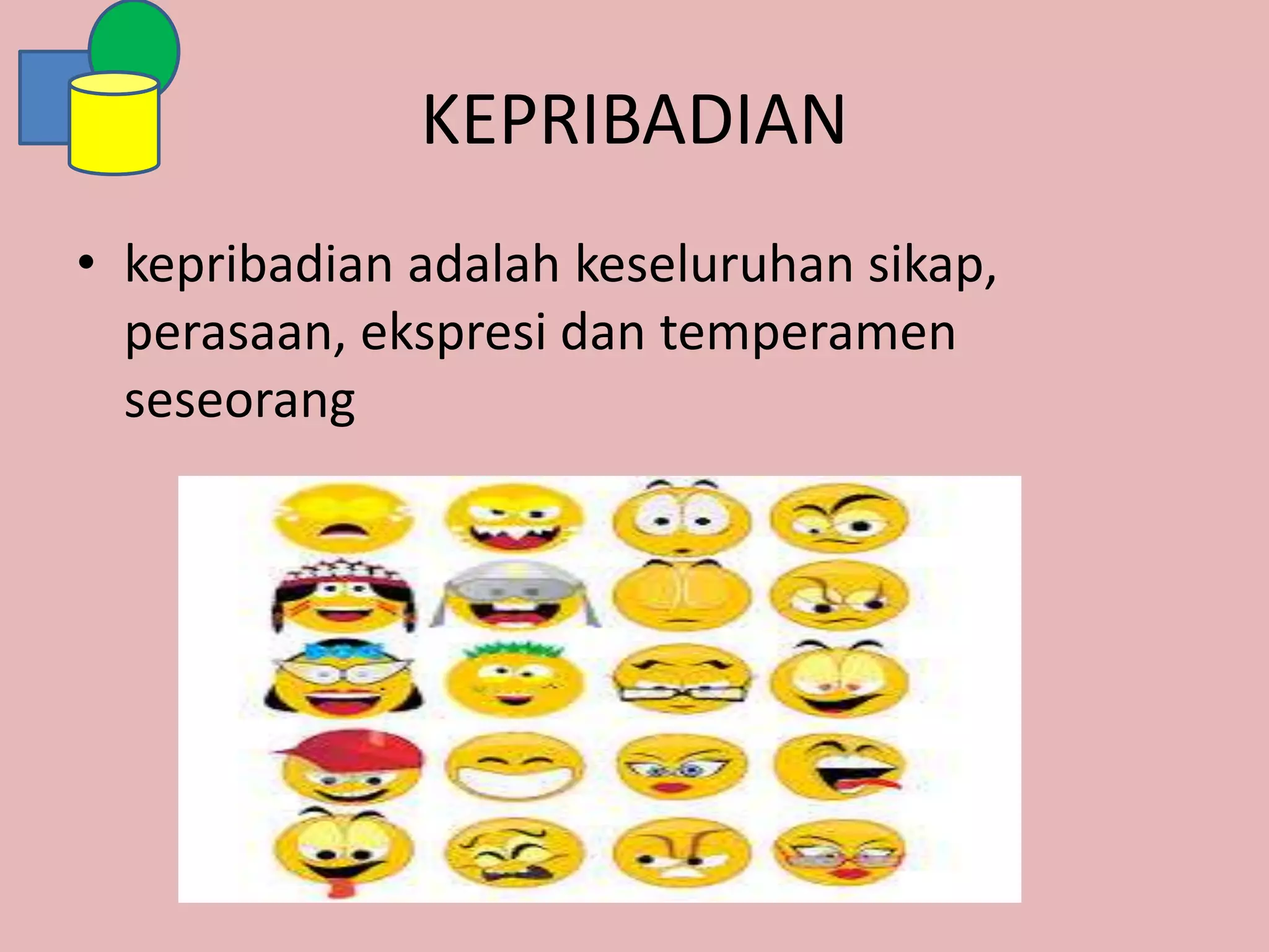 KEPRIBADIAN
• kepribadian adalah keseluruhan sikap,
perasaan, ekspresi dan temperamen
seseorang
 