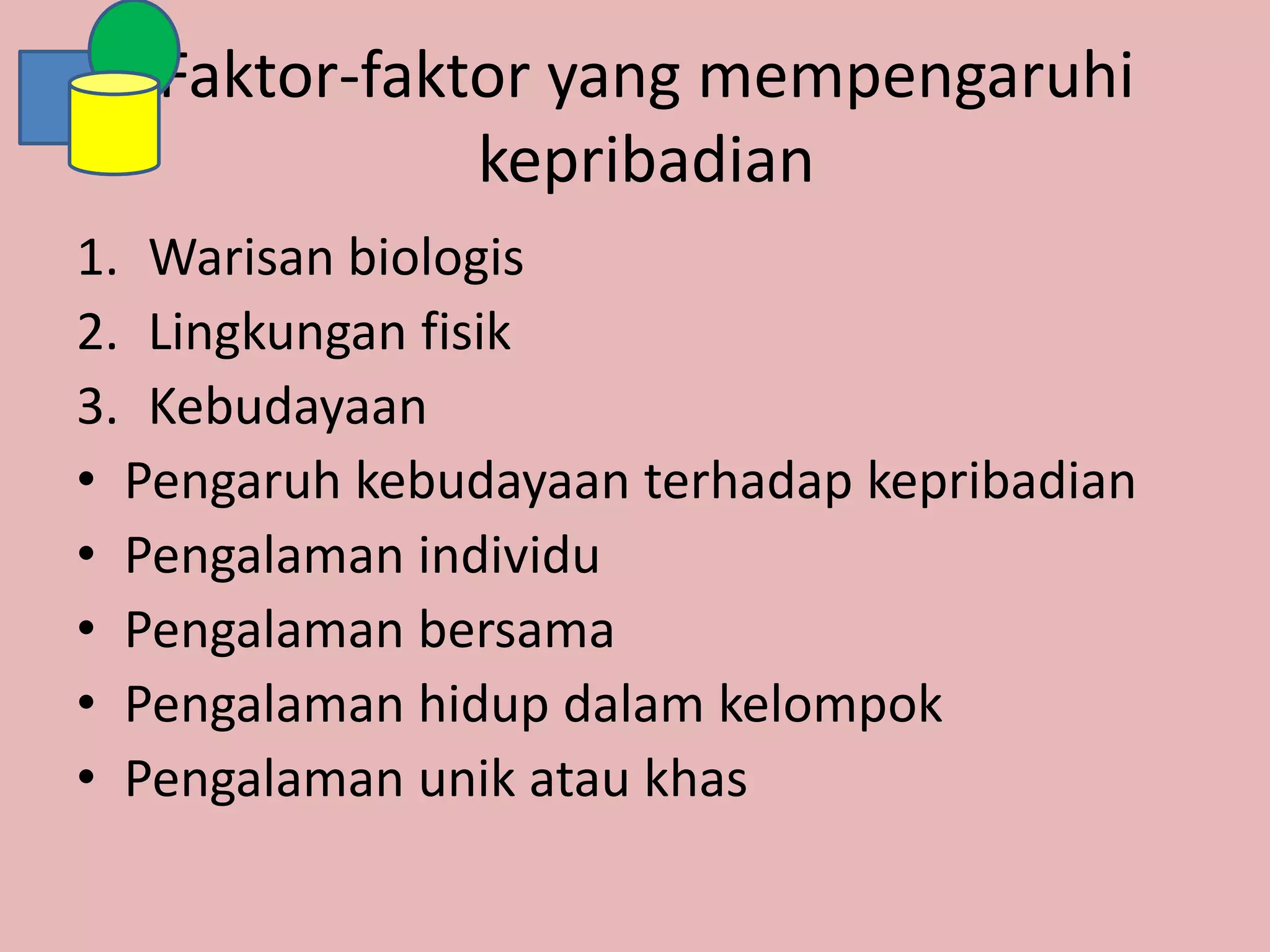 Faktor-faktor yang mempengaruhi
kepribadian
1. Warisan biologis
2. Lingkungan fisik
3. Kebudayaan
• Pengaruh kebudayaan terhadap kepribadian
• Pengalaman individu
• Pengalaman bersama
• Pengalaman hidup dalam kelompok
• Pengalaman unik atau khas
 