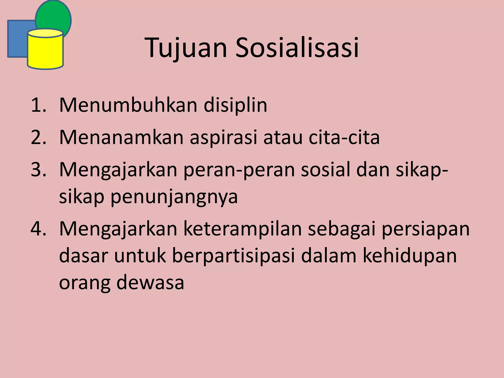 Tujuan Sosialisasi
1. Menumbuhkan disiplin
2. Menanamkan aspirasi atau cita-cita
3. Mengajarkan peran-peran sosial dan sikap-
sikap penunjangnya
4. Mengajarkan keterampilan sebagai persiapan
dasar untuk berpartisipasi dalam kehidupan
orang dewasa
 