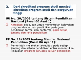 2.  Dari akreditasi program studi menjadi akreditas program studi dan perguruan tinggi UU No. 20/2003 tentang Sistem Pendidikan Nasional (Pasal 60 Ayat 1)  : Akreditasi  dilakukan untuk menentukan kelayakan program dan satuan pendidikan pada jalur pendidikan formal dan nonformal  pada setiap jenjang dan jenis pendidikan PP No. 19/2005 tentang Standar Nasional Pendidikan (Pasal 86 Ayat 1): Pemerintah melakukan akreditasi pada setiap jenjang dan satuan pendidikan untuk menentukan kelayakan  program dan/atau satuan pendidikan 
