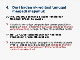4. Dari badan akreditasi tunggal menjadi majemuk UU No. 20/2003 tentang Sistem Pendidikan Nasional  (Pasal 60 ayat 2): Akreditasi terhadap program dan satuan pendidikan dilakukan  oleh Pemerintah dan/atau lembaga mandiri yang berwenang  sebagai bentuk akuntabilitas publik PP No. 19/2005 tentang Standar Nasional Pendidikan (Pasal 86 ayat 2): Kewenangan akreditasi sebagaimana dimaksud pada ayat (1) dapat pula dilakukan oleh  lembaga mandiri yang diberi kewenangan oleh Pemerintah untuk melakukan akreditasi .  