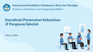 1
Koordinasi Pemenuhan Kebutuhan
JF Pengawas Sekolah
Kementerian Pendidikan, Kebudayaan, Riset, dan Teknologi
Direktorat Jenderal Guru dan Tenaga Kependidikan
Maret, 2024
 