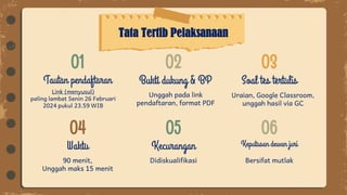 01
Tautan pendaftaran
03
06
Bersifat mutlak
Keputusan dewan juri
Tata Tertib Pelaksanaan
90 menit,
Unggah maks 15 menit
Soal tes tertulis
Unggah pada link
pendaftaran, format PDF
Uraian, Google Classroom,
unggah hasil via GC
04
Waktu
02
05
Didiskualifikasi
Kecurangan
Bukti dukung & BP
Link (menyusul)
paling lambat Senin 26 Februari
2024 pukul 23.59 WIB
 