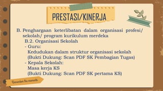 PRESTASI/KINERJA
B. Penghargaan keterlibatan dalam organisasi profesi/
sekolah/ program kurikulum merdeka
B.2. Organisasi Sekolah
- Guru:
Kedudukan dalam struktur organisasi sekolah
(Bukti Dukung: Scan PDF SK Pembagian Tugas)
- Kepala Sekolah:
Masa kerja KS
(Bukti Dukung: Scan PDF SK pertama KS)
 