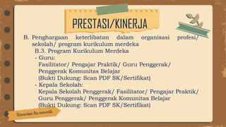 PRESTASI/KINERJA
B. Penghargaan keterlibatan dalam organisasi profesi/
sekolah/ program kurikulum merdeka
B.3. Program Kurikulum Merdeka
- Guru:
Fasilitator/ Pengajar Praktik/ Guru Penggerak/
Penggerak Komunitas Belajar
(Bukti Dukung: Scan PDF SK/Sertifikat)
- Kepala Sekolah:
Kepala Sekolah Penggerak/ Fasilitator/ Pengajar Praktik/
Guru Penggerak/ Penggerak Komunitas Belajar
(Bukti Dukung: Scan PDF SK/Sertifikat)
 