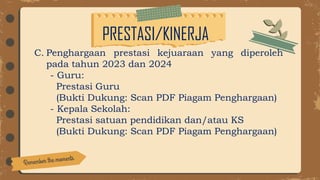 PRESTASI/KINERJA
C. Penghargaan prestasi kejuaraan yang diperoleh
pada tahun 2023 dan 2024
- Guru:
Prestasi Guru
(Bukti Dukung: Scan PDF Piagam Penghargaan)
- Kepala Sekolah:
Prestasi satuan pendidikan dan/atau KS
(Bukti Dukung: Scan PDF Piagam Penghargaan)
 