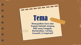 Tema
Mewujudkan Guru dan
Kepala Sekolah Jenjang
SMP yang Tangguh,
Berkarakter, Cerdas,
Inovatif, & Inspiratif
 