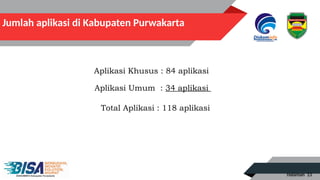 Halaman 13
Jumlah aplikasi di Kabupaten Purwakarta
Aplikasi Khusus : 84 aplikasi
Aplikasi Umum : 34 aplikasi
Total Aplikasi : 118 aplikasi
 