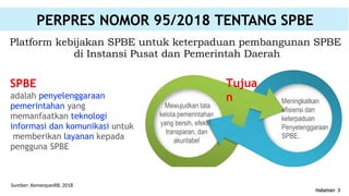 Halaman 3
Tujua
n
SPBE
adalah penyelenggaraan
pemerintahan yang
memanfaatkan teknologi
informasi dan komunikasi untuk
memberikan layanan kepada
pengguna SPBE
PERPRES NOMOR 95/2018 TENTANG SPBE
Platform kebijakan SPBE untuk keterpaduan pembangunan SPBE
di Instansi Pusat dan Pemerintah Daerah
Sumber: KemenpanRB, 2018
 