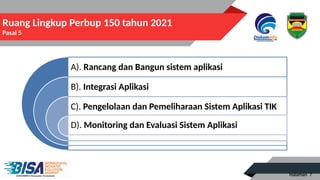 Halaman 7
Ruang Lingkup Perbup 150 tahun 2021
Pasal 5
A). Rancang dan Bangun sistem aplikasi
B). Integrasi Aplikasi
C). Pengelolaan dan Pemeliharaan Sistem Aplikasi TIK
D). Monitoring dan Evaluasi Sistem Aplikasi
 