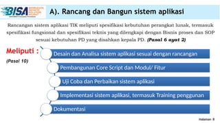 Halaman 8
Meliputi :
(Pasal 10)
A). Rancang dan Bangun sistem aplikasi
Rancangan sistem aplikasi TIK meliputi spesifikasi kebutuhan perangkat lunak, termasuk
spesifikasi fungsional dan spesifikasi teknis yang dilengkapi dengan Bisnis proses dan SOP
sesuai kebutuhan PD yang disahkan kepala PD. (Pasal 6 ayat 2)
Desain dan Analisa sistem aplikasi sesuai dengan rancangan
Pembangunan Core Script dan Modul/ Fitur
Uji Coba dan Perbaikan sistem aplikasi
Implementasi sistem aplikasi, termasuk Training penggunan
Dokumentasi
 