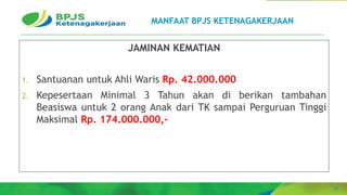 21
MANFAAT BPJS KETENAGAKERJAAN
JAMINAN KEMATIAN
1. Santuanan untuk Ahli Waris Rp. 42.000.000
2. Kepesertaan Minimal 3 Tahun akan di berikan tambahan
Beasiswa untuk 2 orang Anak dari TK sampai Perguruan Tinggi
Maksimal Rp. 174.000.000,-
 