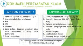 LAPORAN JKKTAHAP 1 LAPORAN JKKTAHAP 2
1. Formulir Laporan JKK Tahap I KK1 (F3)
2. Kronologis kejadian kecelakaan
3. KTP
4. KPJ
5. Absensi
6. Laka lantas : Laporan kepolisian atau
surat pernyataan 2 orang saksi
bermaterai
7. Surat tugas/dinas
1. Formulir Laporan JKK Tahap II KK2 (F3a)
2. Formulir Laporan JKK KK3 Isian Dokter
(F3b)
3. Kwitansi pengobatan dan rincian
4. Kwitansi pengangkutan saat kecelakaan
kerja
5. Absensi lengkap
6. Surat istirahat dokter
7. Rekening tenaga kerja (cacad)
JKK meninggal berlaku dokumen kematian seperti
klaim JKM termasuk beasiswa
DOKUMEN PERSYARATAN KLAIM
PP 82 TAHUN 2019 - PERMENAKER 5 TAHUN 2021
 