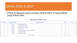 Untuk 2016 & 2017
• Check di Igracias menu rencana studi & Nilai à mata kuliah
yang belum lulus
 