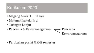 Kurikulum 2020
• Magang 6 sks à 12 sks
• Matematika teknik 2
• Jaringan Lanjut
• Pancasila & Kewarganegaraan Pancasila
Kewarganegaraan
• Perubahan posisi MK di semester
 