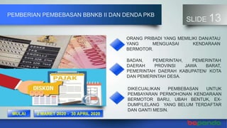 PEMBERIAN PEMBEBASAN BBNKB II DAN DENDA PKB
SLIDE 13
ORANG PRIBADI YANG MEMILIKI DAN/ATAU
YANG MENGUASAI KENDARAAN
BERMOTOR.
BADAN, PEMERINTAH, PEMERINTAH
DAERAH PROVINSI JAWA BARAT,
PEMERINTAH DAERAH KABUPATEN/ KOTA
DAN PEMERINTAH DESA.
DIKECUALIKAN PEMBEBASAN UNTUK
PEMBAYARAN PERMOHONAN KENDARAAN
BERMOTOR BARU, UBAH BENTUK, EX-
DUMP/LELANG YANG BELUM TERDAFTAR
DAN GANTI MESIN.
2 MARET 2020 - 30 APRIL 2020MULAI
 