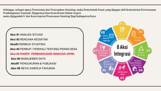 Sehingga, sebagai upaya Penurunan dan Pencegahan Stunting, maka Pemerintah Pusat yang digagas oleh Kementrian Perencanaan
Pembangunan Nasional (Bappenas) Dan Kementrian Dalam Negeri,
maka digagaslah 8 Aksi Konvergensi Penurunan Stunting Bagi Kabupaten/Kota
Aksi #1 ANALISA SITUASI
Aksi #2 RENCANA KEGIATAN
Aksi#3 REMBUK STUNTING
Aksi #4 PERBUP / PERWALI TENTANG PERAN DESA
Aksi #5 KADER PEMBANGUNAN MANUSIA (KPM)
Aksi #6 MANAJEMEN DATA
Aksi#7 PENGUKURAN & PUBLIKASI
Aksi #8 REVIU KINERJA TAHUNAN
 
