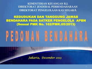 Jakarta, Desember 2013
KEDUDUKAN DAN TANGGUNG JAWAB
BENDAHARA PADA SATKER PENGELOLA APBN
(Sesuai PMK No. 162/PMK.05/2013)
KEMENTERIAN KEUANGAN R.I.
DIREKTORAT JENDERAL PERBENDAHARAAN
DIREKTORAT PENGELOLAAN KAS NEGARA
1
 