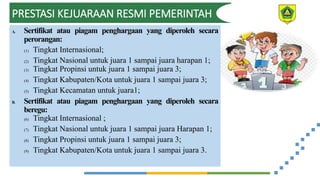 PRESTASI KEJUARAAN RESMI PEMERINTAH
A. Sertifikat atau piagam penghargaan yang diperoleh secara
perorangan:
(1) Tingkat Internasional;
(2) Tingkat Nasional untuk juara 1 sampai juara harapan 1;
(3) Tingkat Propinsi untuk juara 1 sampai juara 3;
(4) Tingkat Kabupaten/Kota untuk juara 1 sampai juara 3;
(5) Tingkat Kecamatan untuk juara1;
B. Sertifikat atau piagam penghargaan yang diperoleh secara
beregu:
(6) Tingkat Internasional ;
(7) Tingkat Nasional untuk juara 1 sampai juara Harapan 1;
(8) Tingkat Propinsi untuk juara 1 sampai juara 3;
(9) Tingkat Kabupaten/Kota untuk juara 1 sampai juara 3.
 