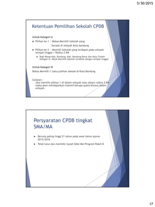5/30/2015
17
Ketentuan Pemilihan Sekolah CPDB
Untuk Kategori A
 Pilihan ke-1 : Bebas Memilih Sekolah yang
berada di wilayah Kota bandung
 Pilihan ke-2 : Memilih Sekolah yang terdapat pada wilayah
tempat tinggal / Radius 2 KM
 Bagi Warga Kab. Bandung, Kab. Bandung Barat dan Kota Cimahi
Kategori A, Wajib Memilih Sekolah terdekat dengan tempat tinggal
Untuk Kategori B
Bebas Memilih 1 (satu) pilihan sekoah di Kota Bandung
Catatan :
Jika memilih pilihan 1 di dalam wilayah atau dalam radius 2 KM
maka akan mendapatkan insentif berupa quota khusus dalam
wilayah.
Persyaratan CPDB tingkat
SMA/MA
 Berusia paling tinggi 21 tahun pada awal tahun ajaran
2015/2016
 Telah lulus dan memiliki ijazah SMA/MA/Program Paket B
 