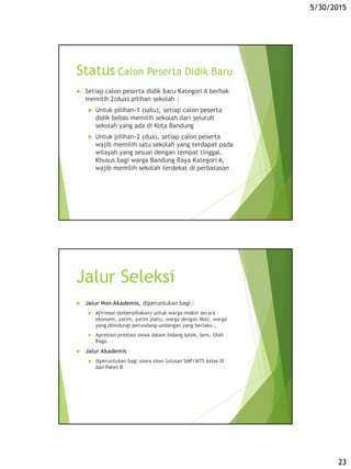 5/30/2015
23
Status Calon Peserta Didik Baru
 Setiap calon peserta didik baru Kategori A berhak
memilih 2(dua) pilihan sekolah :
 Untuk pilihan-1 (satu), setiap calon peserta
didik bebas memilih sekolah dari seluruh
sekolah yang ada di Kota Bandung
 Untuk pilihan-2 (dua), setiap calon peserta
wajib memilih satu sekolah yang terdapat pada
wilayah yang sesuai dengan tempat tinggal.
Khusus bagi warga Bandung Raya Kategori A,
wajib memilih sekolah terdekat di perbatasan
Jalur Seleksi
 Jalur Non Akademis, diperuntukan bagi :
 Afirmasi (keberpihakan) untuk warga miskin secara
ekonomi, yatim, yatim piatu, warga dengan MoU, warga
yang dilindungi perundang-undangan yang berlaku ,
 Apresiasi prestasi siswa dalam bidang Iptek, Seni, Olah
Raga.
 Jalur Akademis
 diperuntukan bagi siswa siswi lulusan SMP/MTS kelas IX
dan Paket B
 