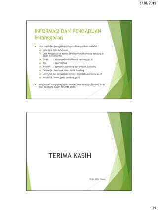 5/30/2015
29
INFORMASI DAN PENGADUAN
Pelanggaran
 Informasi dan pengaduan dapat disampaikan melalui :
 Help Desk Info di Sekolah
 Desk Pengaduan di Kantor Dewan Pendidikan Kota Bandung di
Jalan Matraman No.
 Email : aduanppdb@disdikkota.bandung.go.id
 Tlp : 0227106568
 Twitter : @ppdbkotabandung dan @disdik_bandung
 Facebook : facebook.com/disdik.bandung
 Live Chat dan pengaduan online : disdikkota.bandung.go.id
 Info PPDB : www.ppdb.bandung.go.id
 Pengaduan hanya dapat dilakukan oleh Orangtua Siswa atau
Wali Kandung Calon Peserta Didik
TERIMA KASIH
29 Mei 2015 - Humas
 