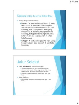 5/30/2015
8
Status Calon Peserta Didik Baru
 Terbagi Menjadi 2 Kategori Yaitu :
 kategori A, yaitu calon peserta didik yang
berdomisili di dalam kota Bandungdan
asal sekolah di dalammaupun di luar kota
Bandung, dan calon peserta didik yang
berdomisili di Bandung Raya (Kabupaten
Bandung, Kabupaten Bandung Baratserta
Kota Cimahi)dan asal sekolah di dalam
kota Bandung
 kategori B, yaitu calon peserta didik yang
berdomisilidan asal sekolah di luar kota
Bandung.
Jalur Seleksi
 Jalur Non Akademis, diperuntukan bagi :
 Afirmasi (keberpihakan) untuk warga miskin secara
ekonomi, yatim, yatim piatu, warga dengan MoU, warga
yang dilindungi perundang-undangan yang berlaku ,
 Apresiasi prestasi siswa dalam bidang Iptek, Seni, Olah
Raga.
 Jalur Akademis
 diperuntukan bagi siswa siswi lulusan SD/MI kelas 6 dan
Paket A
 