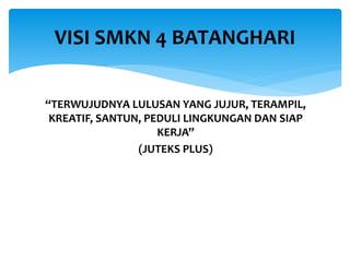 “TERWUJUDNYA LULUSAN YANG JUJUR, TERAMPIL,
KREATIF, SANTUN, PEDULI LINGKUNGAN DAN SIAP
KERJA”
(JUTEKS PLUS)
VISI SMKN 4 BATANGHARI
 