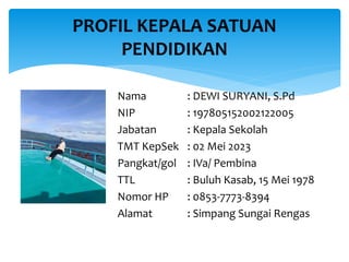Nama : DEWI SURYANI, S.Pd
NIP : 197805152002122005
Jabatan : Kepala Sekolah
TMT KepSek : 02 Mei 2023
Pangkat/gol : IVa/ Pembina
TTL : Buluh Kasab, 15 Mei 1978
Nomor HP : 0853-7773-8394
Alamat : Simpang Sungai Rengas
PROFIL KEPALA SATUAN
PENDIDIKAN
 